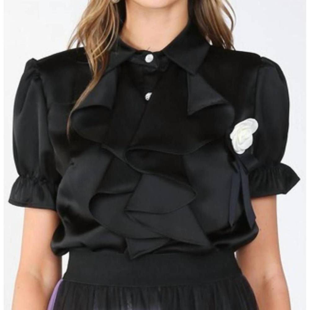 NEW BEULAHSTYLE desiree ruffle & rose accent satin blouse in black